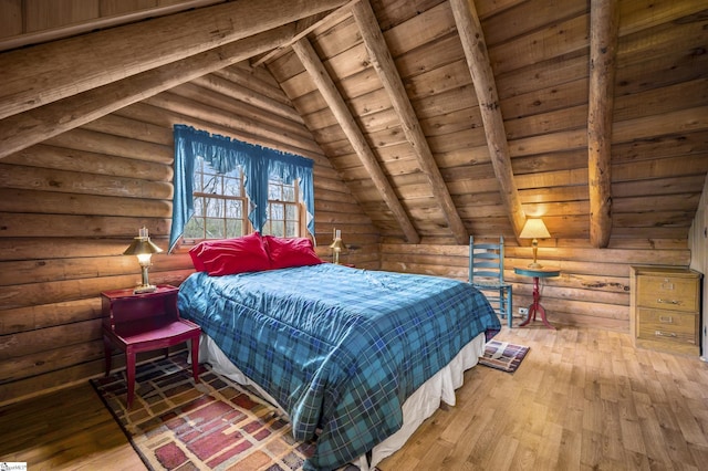 bedroom featuring rustic walls, wooden ceiling, vaulted ceiling with beams, and wood finished floors