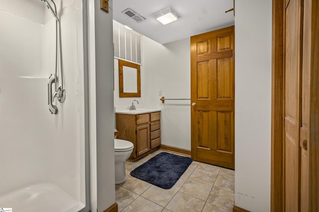 bathroom with tile patterned flooring, visible vents, toilet, vanity, and a shower