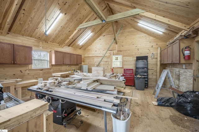 interior space with wooden ceiling, wooden walls, light wood-style floors, and lofted ceiling with beams