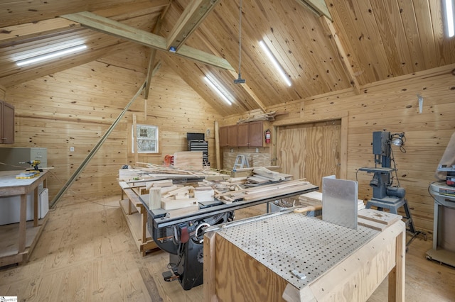 interior space with beam ceiling, wooden walls, light wood finished floors, and wood ceiling