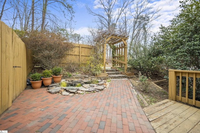 view of patio / terrace featuring a wooden deck and a fenced backyard