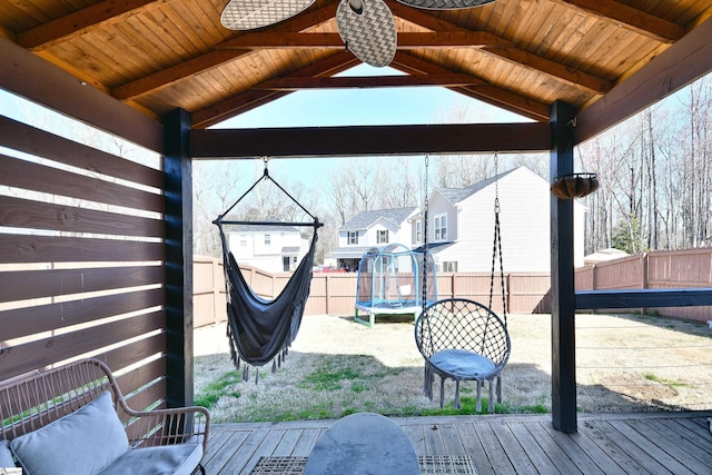 wooden terrace with fence private yard and a trampoline