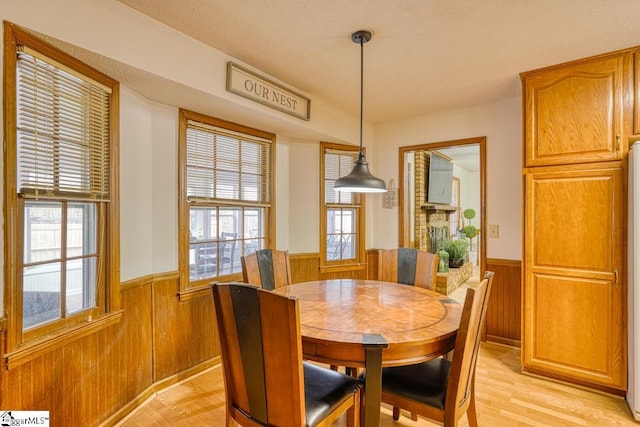 dining room featuring wooden walls, a healthy amount of sunlight, and a wainscoted wall