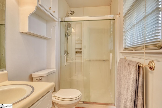 full bathroom with vanity, toilet, and a stall shower