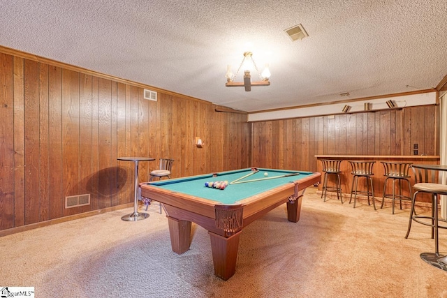 game room with billiards, a dry bar, visible vents, and carpet floors