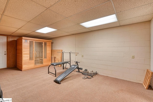 workout area with concrete block wall, carpet, and a paneled ceiling