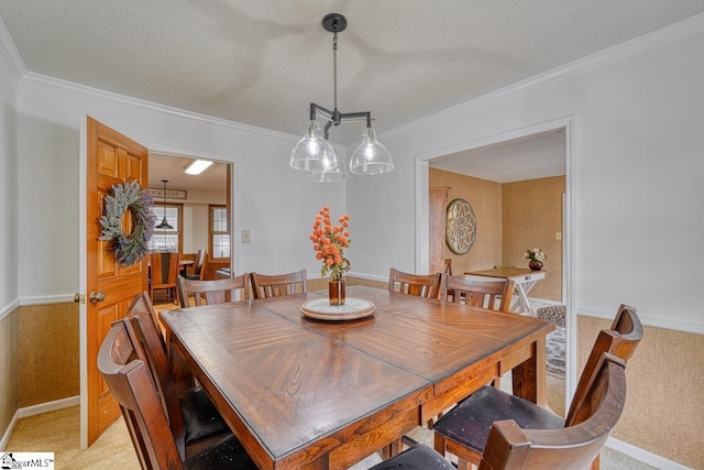 dining room featuring ornamental molding, light colored carpet, baseboards, and a textured ceiling