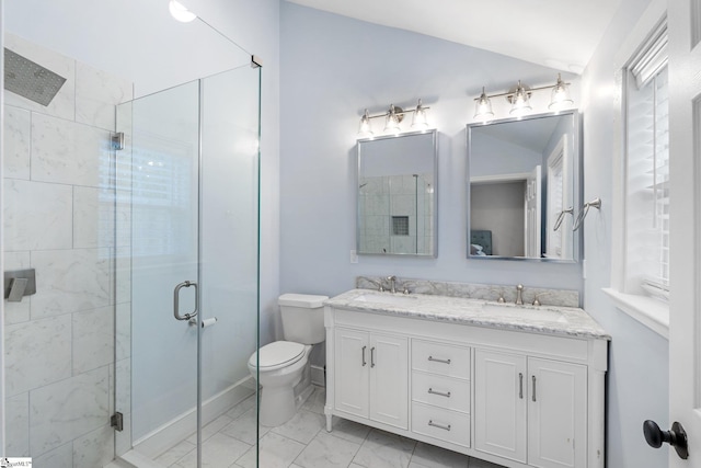 full bathroom featuring a shower stall, toilet, vaulted ceiling, marble finish floor, and a sink