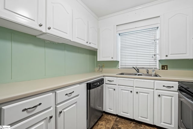 kitchen featuring a sink, white cabinets, crown molding, stove, and dishwasher