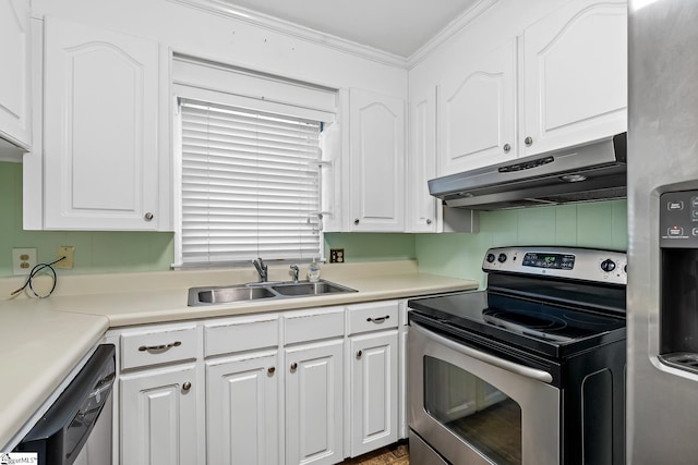 kitchen with a sink, stainless steel appliances, white cabinets, under cabinet range hood, and crown molding