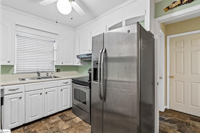 kitchen with ornamental molding, stainless steel appliances, white cabinetry, a ceiling fan, and a sink