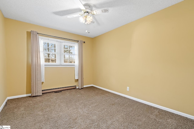 unfurnished room featuring carpet flooring, a textured ceiling, a baseboard heating unit, and a ceiling fan