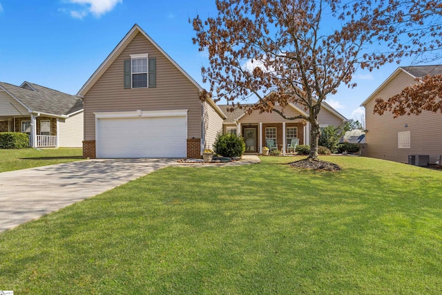 view of front of property featuring a front yard, cooling unit, driveway, a garage, and brick siding