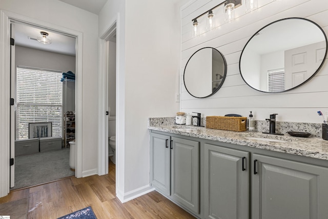 bathroom featuring a sink, toilet, wood finished floors, and double vanity