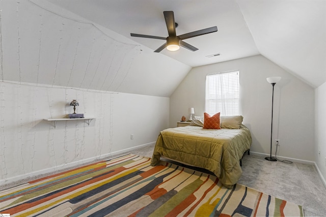 bedroom featuring visible vents, a ceiling fan, baseboards, carpet, and lofted ceiling