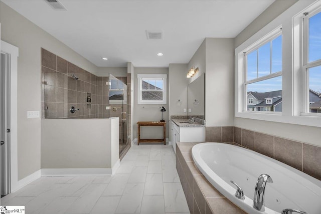 full bathroom featuring visible vents, baseboards, a stall shower, a whirlpool tub, and marble finish floor