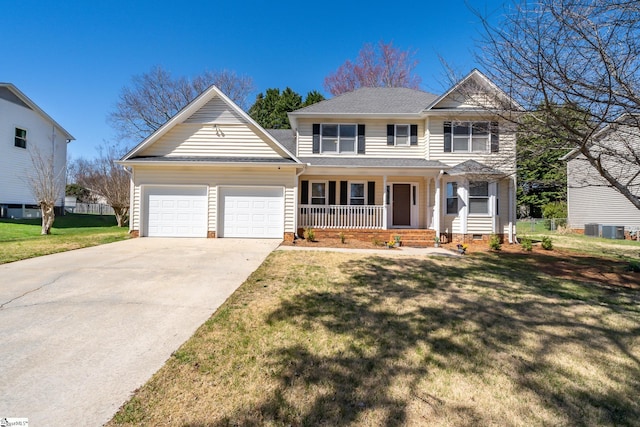 view of front facade featuring concrete driveway, an attached garage, covered porch, and a front lawn