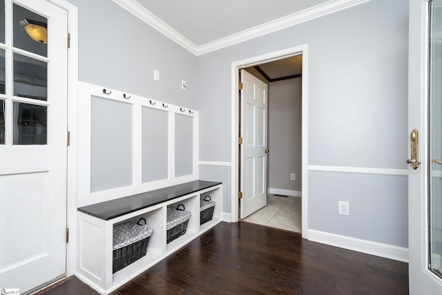 mudroom featuring wood finished floors, baseboards, and ornamental molding