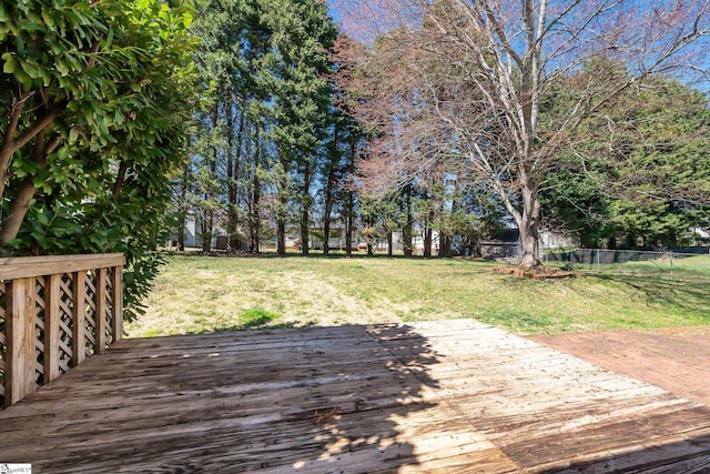 deck with a yard and fence