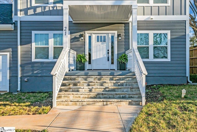 entrance to property with board and batten siding