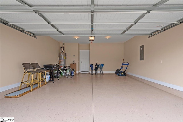 garage with electric panel, water heater, a garage door opener, and baseboards