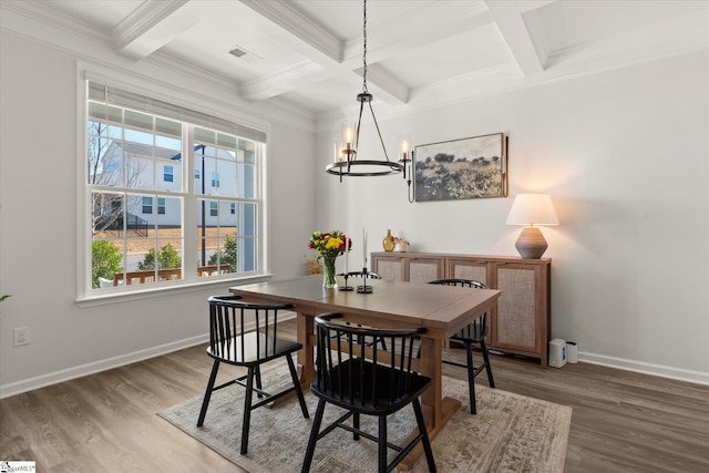 dining area with an inviting chandelier, wood finished floors, visible vents, and baseboards