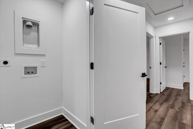 corridor with recessed lighting, dark wood-type flooring, and baseboards