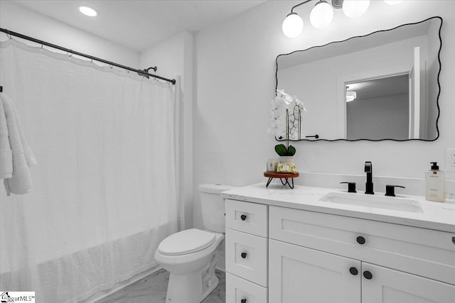 bathroom with recessed lighting, marble finish floor, toilet, and vanity