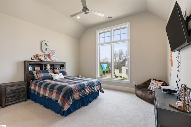 carpeted bedroom featuring lofted ceiling, recessed lighting, a ceiling fan, and visible vents