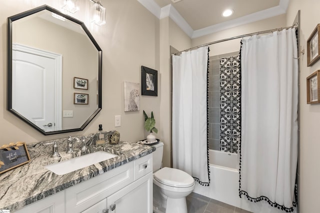 bathroom with tile patterned flooring, toilet, shower / bath combo with shower curtain, ornamental molding, and vanity