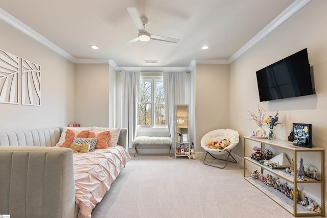 bedroom featuring visible vents, ceiling fan, carpet floors, ornamental molding, and recessed lighting