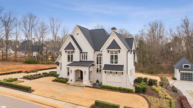 french provincial home with a detached garage, an outdoor structure, concrete driveway, a shingled roof, and a chimney