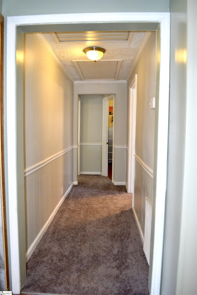 hall with crown molding, attic access, carpet flooring, and a wainscoted wall