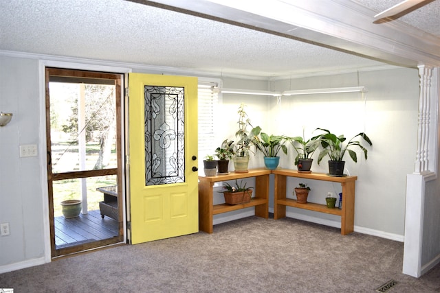 interior space with carpet, baseboards, visible vents, a textured ceiling, and crown molding