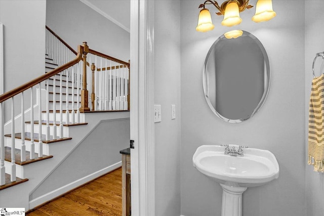 bathroom featuring wood finished floors, baseboards, and a sink