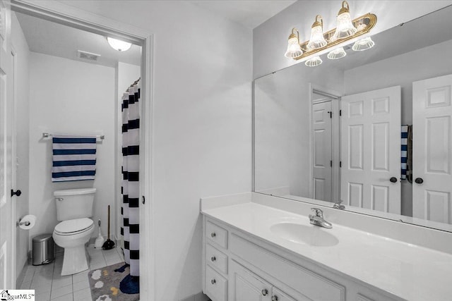 full bathroom with visible vents, toilet, tile patterned floors, a notable chandelier, and vanity