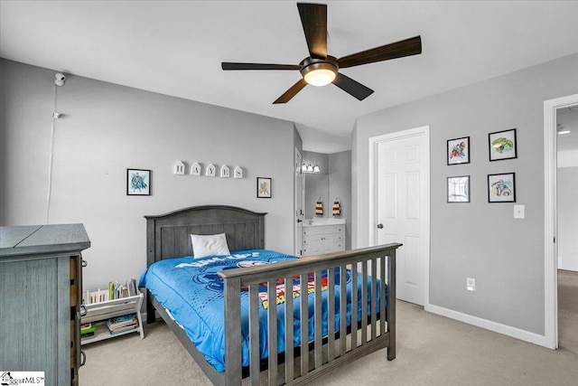 bedroom featuring carpet flooring, a ceiling fan, and baseboards