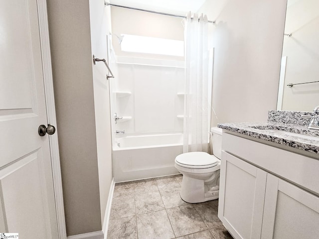 full bath with vanity, baseboards, tile patterned flooring, shower / bath combination with curtain, and toilet