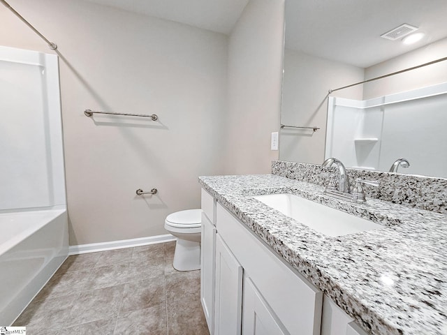 full bath with visible vents, toilet, shower / bath combination, baseboards, and vanity