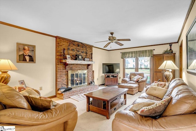 living room featuring baseboards, ceiling fan, crown molding, a brick fireplace, and light colored carpet