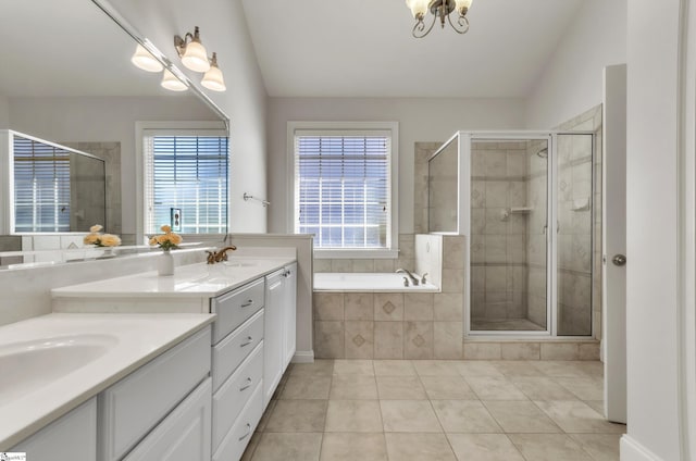 full bathroom with a shower stall, a wealth of natural light, and vaulted ceiling