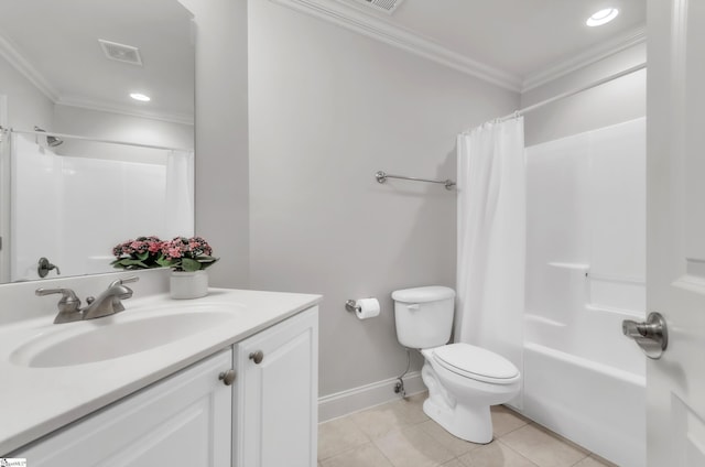 full bath with tile patterned flooring, visible vents, crown molding, toilet, and vanity