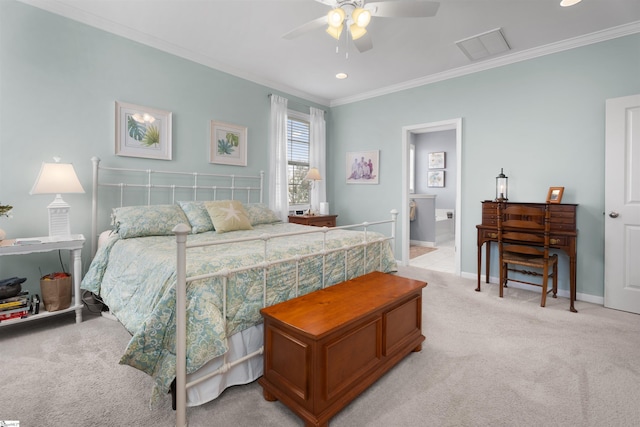 bedroom with baseboards, visible vents, ceiling fan, light carpet, and crown molding