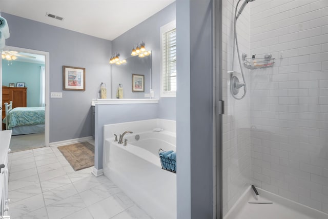 ensuite bathroom with visible vents, marble finish floor, a stall shower, ensuite bath, and a bath