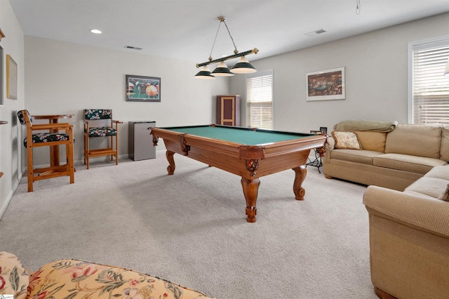 game room with visible vents, carpet floors, plenty of natural light, and billiards