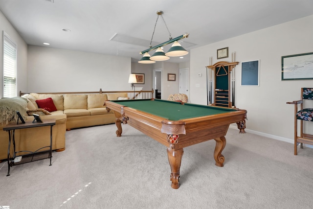 rec room featuring billiards, baseboards, attic access, recessed lighting, and light carpet