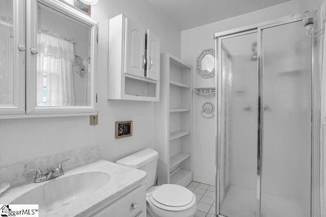 bathroom with a shower stall, toilet, and vanity