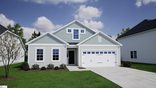 view of front of home featuring a garage, board and batten siding, driveway, and a front yard