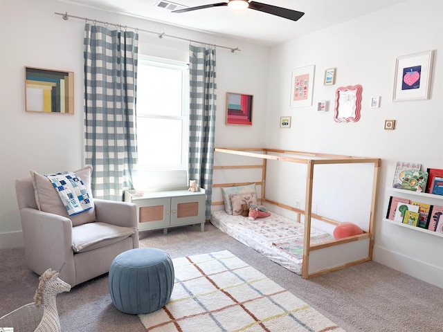 bedroom featuring baseboards, carpet, and ceiling fan