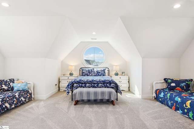 carpeted bedroom featuring visible vents, recessed lighting, baseboards, and vaulted ceiling